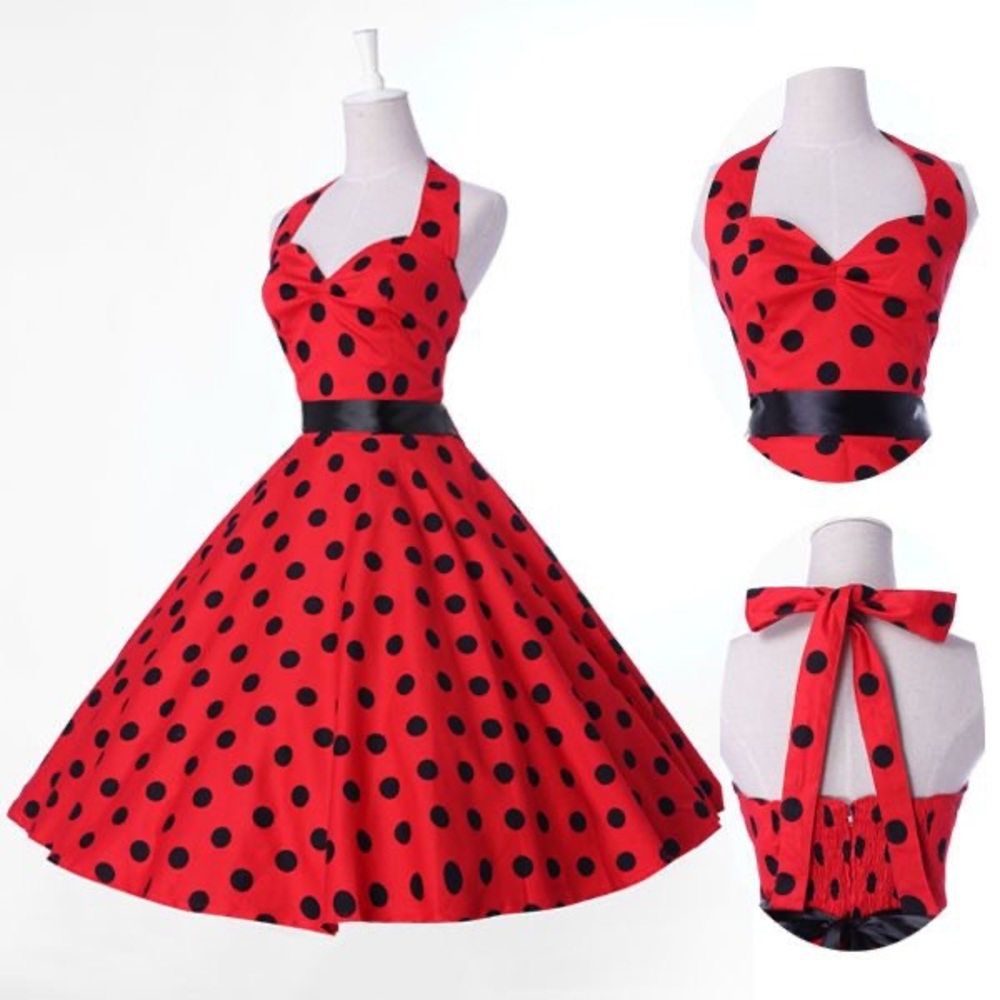 Red & Black Polka Dot 50’s Halter Swing Dress